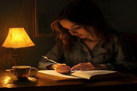一位年轻女性坐在昏黄台灯下书写坏想法日记，神情专注而释然，桌面上有一杯热茶和橄榄绿的笔记本，画面温暖私密