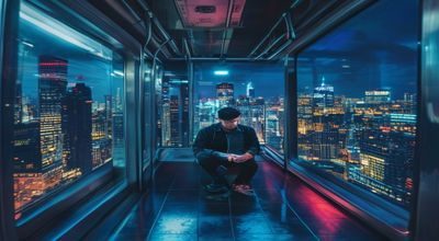 一位男性在地铁上用手机记录坏想法日记，窗外是城市夜景，表情若有所思，画面展现都市青年的情绪书写场景